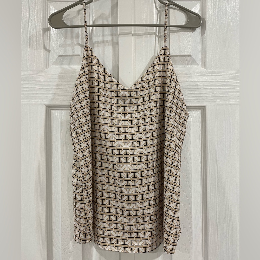 Ann Taylor Adjustable V-Neck Camisole Shell Top, Beige Black Print, Medium